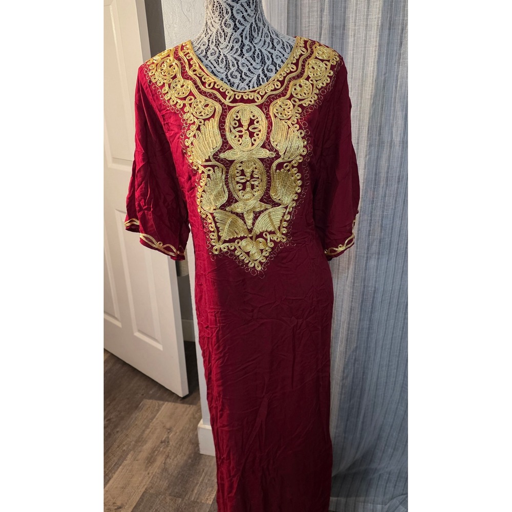 Chase New Design Maxi Dress Womens 3XL Burgundy Gold Embroidered Kaftan Tunic